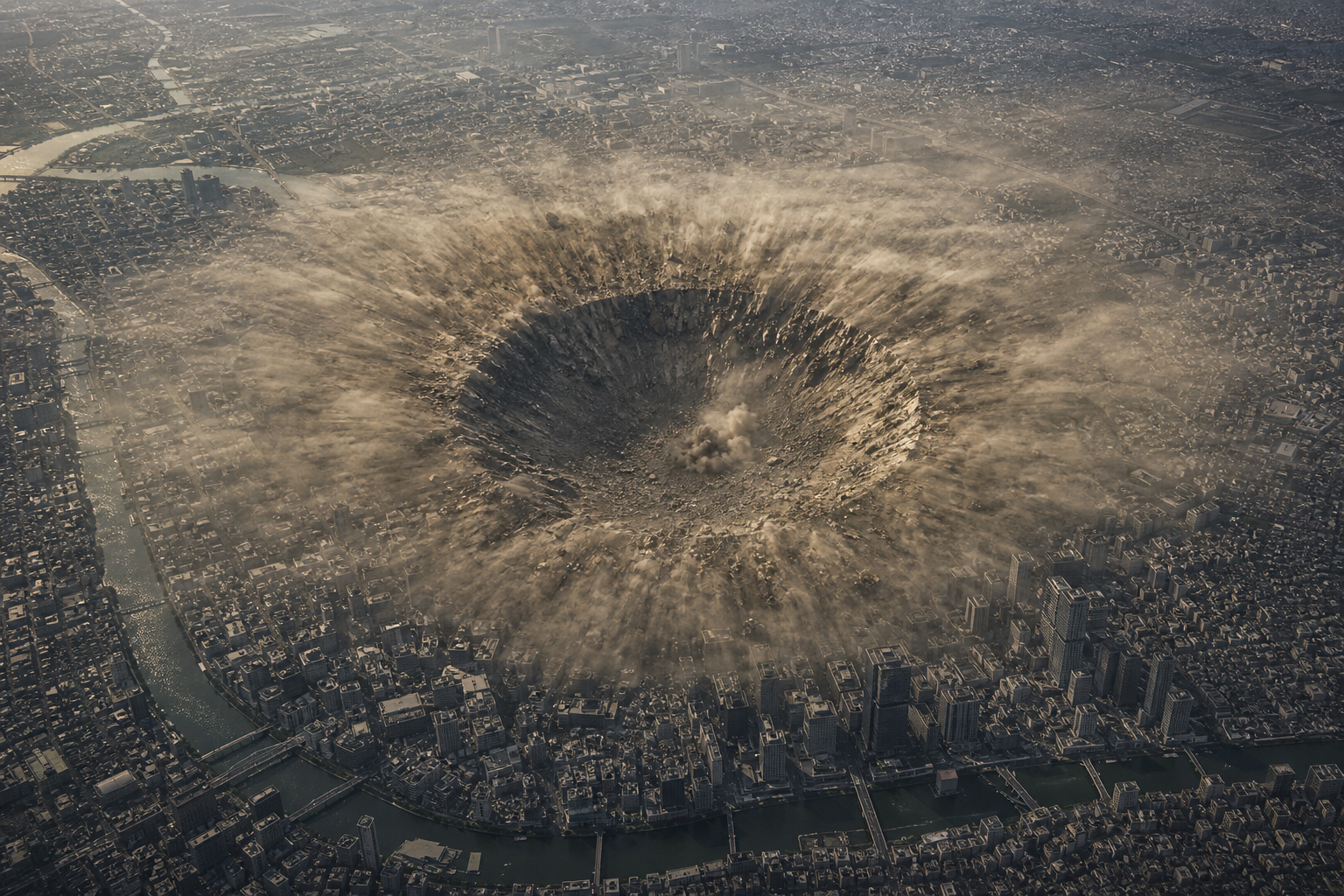 200 m級隕石の地表衝突を示す図